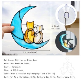 HDCRYSTALGIFTS Couple Cat Sitting on Moon Stained Glass Window Hanging, Modern Art Suncatcher for Window, Wall Decor,Cat Lover Gifts for Women/Girls