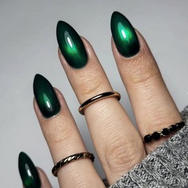 KQueenest Cat Eye Press on Nails Almond Medium, Glazed Glitter Green Black False Nails Medium, Shiny Bling Acrylic Fake Nails Set Gothic Sparkly Stick on Nail for Women Holiday Finger Wear 30 Pcs