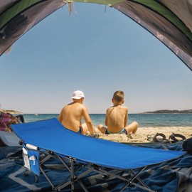 Tangkula Foldable Camping Cot, Portable Sleeping Cot with Carrying Bag, Side Storage Pocket, Sleeping Cot Bed for Adults, Indoor Outdoor Sleeping Bed for Camp, Travel, Office, Supports 600Lbs (Blue)