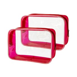 TotePrint Stadium Approved Red Frame Clear Toiletry Bag TSA Approved Clear Organizer Bags Portable Travel Makeup Bags with Zipper for Women (Red)