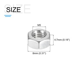 METALLIXITY Hex Nuts (M5x0.8mm) 100Pcs, 304 Stainless Steel Metric Coarse Thread Hexagon Nut Hardware - for DIY Home Repair Machinery, Silver