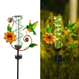 vewolight Rain Gauge Outdoor, Solar Rain Gauges for Yard, Hummingbird Freeze Proof Rain Gauge with 7" Plastic Tube, Metal Decorative Water Gauge with Led Light