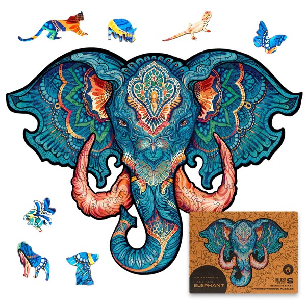 UNIDRAGON Original Wooden Jigsaw Puzzles - Eternal Elephant, 102 pcs, Small 9.6"x7.4", Beautiful Gift Package, Unique Shape Best Gift for Adults and Kids