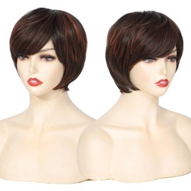 Yamel Orange Streaked Pixie Wig with Bangs for Daily Use or Cosplay, Natural Straight Layered Synthetic Hair Short Wigs for Women Ladies