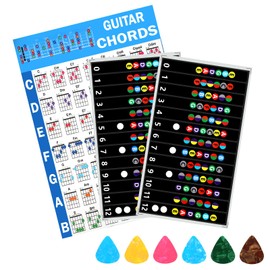 XLIUAX 2 Pcs Guitar Fretboard Stickers, 1 Pc Chord Chart 6 Picks Color Coded Note Decals Guitar Tools Fingerboard Frets Map Note Stickers Learn Tabs for Beginner Learner Practice Fit 6 Strings Guitars