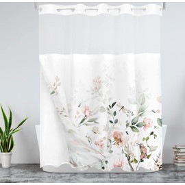 Tititex No Hooks Snap in Liner Aesthetic Blooming White Flowers Pink Bird Shower Curtain Sets, Hotel Luxury Double Layers Waterproof Fabric & See-Through Top Window Bathroom Decorative 72x78 Inch