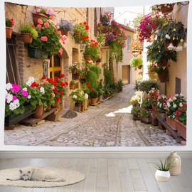 Loccor Italy Town Street Tapestry Medieval Village Town Scenery Alley Stone Path Colorful Flowers Wall Hanging Tapestry Home Bedroom Living Room Dorm Decor 118''x 78''