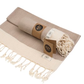 Turkish Hand Towel (Set of 2) for Kitchen and Bathroom - 100% Cotton Prewashed Decorative Peshtemal Towel for Face, Hand, Hair, Yoga, Dishcloth, Tea Towel (Herringbone) (Latte)