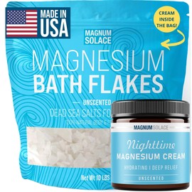 Magnesium Flakes for Bath, 10 lbs + Nighttime Magnesium Cream, 4 oz Set