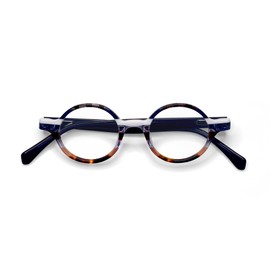 eyebobs Wisecracker Premium Readers for Women and Men | Round Eye Glasses | Blue Multi Stripe Front with Navy Temples | 0.00