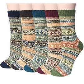 Loritta 5 Pairs Womens Vintage Style Winter Warm Thick Knit Wool Cozy Crew Socks,Free size,Multicolor