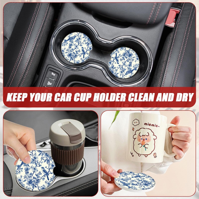 Blue Bird Floral Car Coasters for Cup Holders, Absorbent Ceramic
