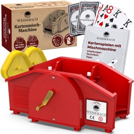 Weidebach Red Card Shuffler with Golden Crank for All Standard Card Games, Card Shuffler with 2 x Card Games & Replacement Crank, Card Mixing Device with Book for Fun Game Evenings