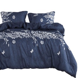 Wake In Cloud - Navy Blue Comforter Set, Gray Floral and Tree Leaves Pattern Printed, Soft Microfiber Bedding (3pcs, California King Size)