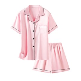 Schbbbta Satin Pajamas for Girls, 2 Piece Soft Sleepwear Button Down Tops Short Sleeve Silk Pajama Set Outfit for Kids, Easter Bunny Purple, 11-12 Years = Tag 160
