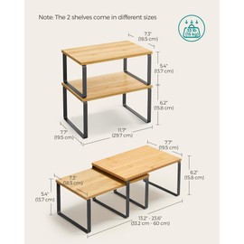SONGMICS Cabinet Organizer Shelf, Set of 2 Kitchen Counter Shelves, Kitchen Storage, Spice Rack, Stackable, Expandable, Metal and Engineered Wood, Ink Black and Natural Beige UKCS02NB