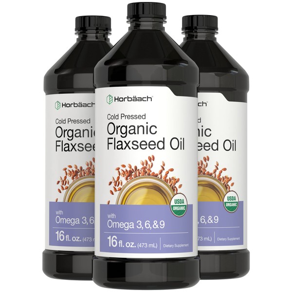 Organic Flaxseed Oil | 3 Pack | 16 fl oz Each | Cold Pressed | with Omega 3, 6, 9 | Vegetarian, Non-GMO, Gluten Free Liquid | by Horbaach