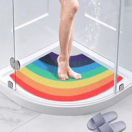 BWBIKE Loofah Corner Shower Mat Non-Slip Anti Mould Bath Mat 60 x 60 cm, Shower Mats for Indoor Outdoor Shower Quadrant Bath Mats with Drain Washable Sector Bath Mat for Bathroom Floor