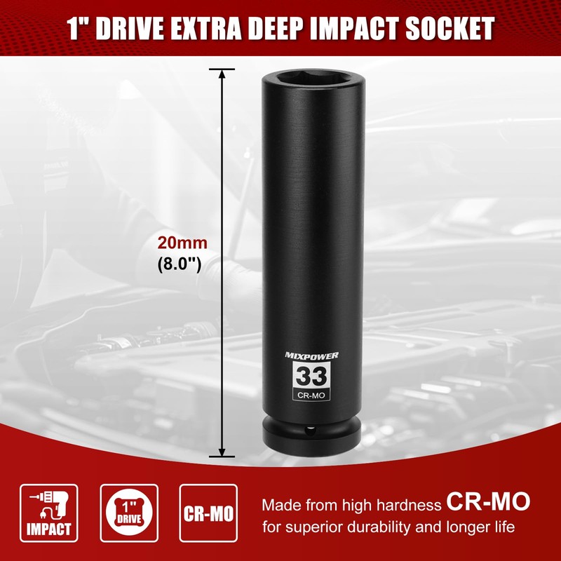 MIXPOWER 1" Drive 33mm Extra Deep Impact Socket,8-Inch Long,6-Point,Metric,Truck Wheel