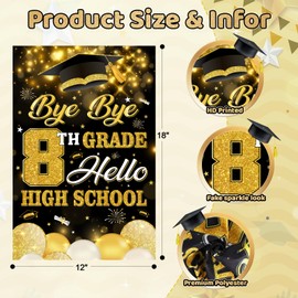COCHIE 8th Grade Graduation Decorations Yard Signs Garden Flag 2026, 12x18 Inches Bye Bye 8th Grade Hello High School Congrats Grad Class of 2026 Flags For Outside Yard Party Decoration (Black Gold)
