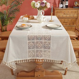 AMZALI Textured Tablecloth, Rectangle Table Cloth Cotton Linen Wrinkle Free Anti-Fading Crochet Tablecloths Dust-Proof Table Cover for Dining (Rectangle/Oblong, 55''x98'')