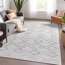 jinchan Moroccan 5x7 Area Rugs for Bedroom - Machine Washable Soft Modern Geometric Stain Resistant Non-Slip Ultra-Thin Low-Pile Faux Wool Carpet for Living Room Kitchen Dining Room (5x7ft,Taupe)