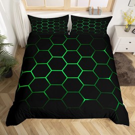 Hexagonal Bedding Set 3D Geometric Honeycomb Duvet Cover for Kids Boys Girls Beehive Hexagon Comforter Cover Neon Green Black Bedding & Linen 3Pcs Double
