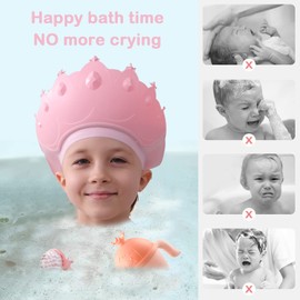 Baby Shower Cap Shield, Baby bath set shower cap/water cup/massage brush,Visor Hat for Eye and Ear Protection for 0-9 Years Old Children,Cute Crown Shape Makes the Baby Bath More Fun (Pink)