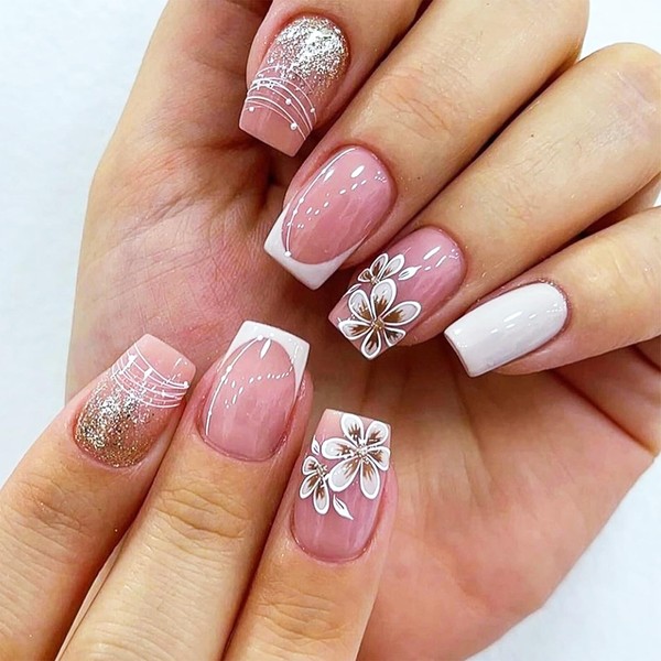 Brown Flower Press on Nails 24Pcs Glossy Gold Glitter Acrylic