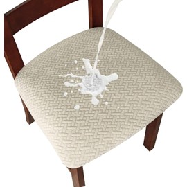 LANSHENG Waterproof Dining Chair Seat Covers Set of 2, Stretch Chair Seat Protector Slipcovers, Washable removable Kitchen Chair Covers with Buckle (Beige, Set of 2)