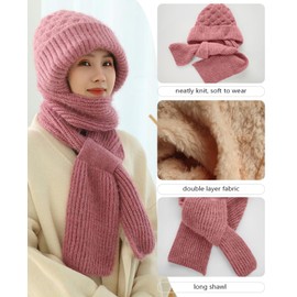 CheChury Knitted Hat with Scarf Attached Womens 2 in 1 Winter Fleece Lined Knitted Beanie Hooded Scarf Integrated Ear Protection Windproof Cap Scarf Warm Hat and Scarf Set for Women,Pink
