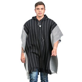 INTI ALPACA Men's Hooded Poncho in Black and White Wool - Peruvian Alpaca Cloak Cape