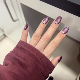 Cat Eye Press on Nails Handmade Short Oval/Square/Round False Nails with French Tip/Aurora/Magnetic Shimmer Designs (Shimmer#Oval Plum, Small)