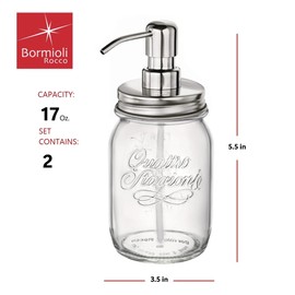Bormioli Rocco Quattro Stagioni Set of 2 Mason Jars, 17 Oz. Soap and Lotion Dispensers, for Kitchen Or Bathroom, with Stainless Steel Pumps.