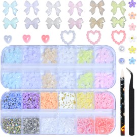 DZHILHMX Bow Nail Charms - Multiple Colors, Bow-Knot, Bear, Flower, Pearls, Flat Back Rhinestones, with Kit, for Nail Art