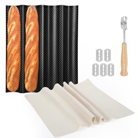 Spmarkt 4-Slot French Baguette Pan Set, Non-Stick French Bread Pan, Baguette Baking Pan with Proofing Cloth, Bread Lame, Home Baking Tools Kit for Homemade Bread