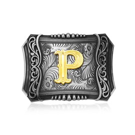 KOORASY Western Initial Letter ABC to XYZ Belt Buckle, Antique Golden Capital Letter Cowboy Belt Buckles Men Women, P