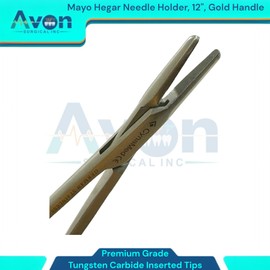 1 Each - Mayo-Hegar Needle Holder 12" with Tungsten Carbide Insert Tips & Gold Ratchet Locking Handle - Multi-Purpose Long Forceps - Premium German Stainless Steel