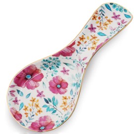 LEAZUL Ceramic Spoon Rest for Stove Top Large Spoon Holder Farmhouse Spoon Holder for Kitchen Counter Floral Coffee Spoon Rest Flowers Print Cooking Utensil Tools Rest Kitchen Decor Purple Red