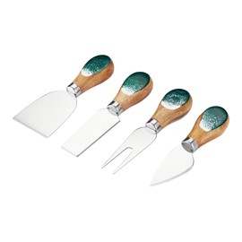 GOGOJSM Cheese Knives Set with Wooden and Resin Handle, Mini Steel Stainless Cheese Knife with Wood Set for Charcuterie and Cheese Spread, Perfect for Cheese Slicer and Butter Cutter (Green, 4pcs)