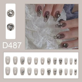 Dark Nail Tips, 24 Pieces, 3D Design, Handmade Short Nails, Popular Design for Spring and Summer, Japanese Style, Cute Simple and Fashionable, Shiny Nail for Brides, Double Sided Tape Included