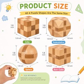 4 Pack Wooden Puzzle Games Brain Teasers Toy- 3D Puzzles for Teens and Adults - Wooden Logic Puzzle Wood Snake Cube Magic Cube Magic Ball Brain Teaser