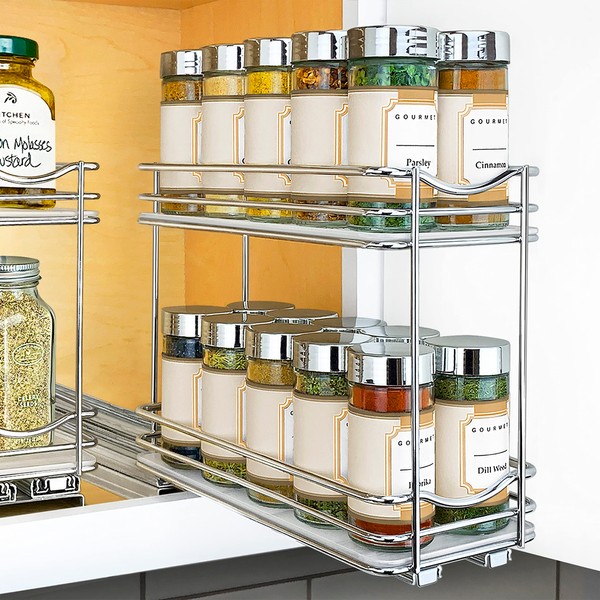 LYNK PROFESSIONAL® Pull Out Spice Rack Organizer for Cabinet - Lifetime Limited Warranty - Slide Out Rack - 4-1/4 inch Wide Sliding Spice Organizer Shelf - Double, Chrome