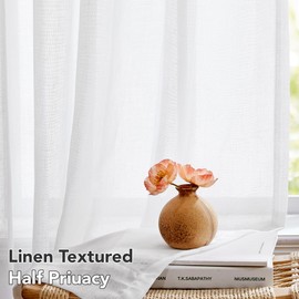 Deconovo Curtain with Ruffle Tape, Voile Curtain, Decorative Curtain, Semi-Transparent Linen Look Curtains for Living Room, Airy and Elegant, 245 x 140 cm (Height x Width), White, Set of 2