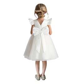 GELOMARI Satin Flower Girl Dress V-Back Ruffle Sleeve Dresses Girls Tulle Dress for Wedding First Communion with Bow-Knot(9-10Y White)