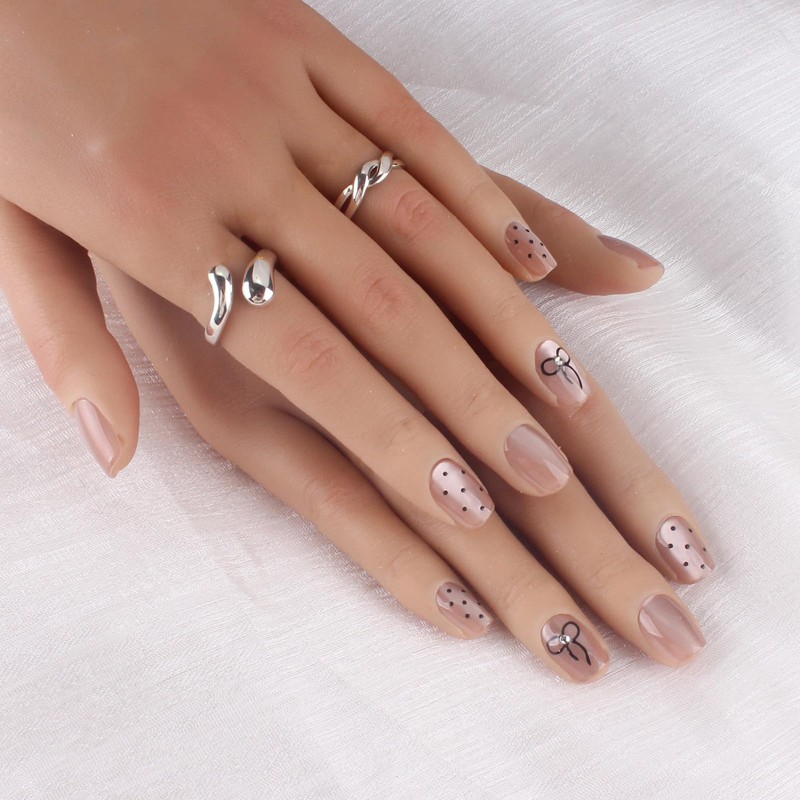 Handmade Nail Tips, French Nails, Set of 10, Bowknot Dots,