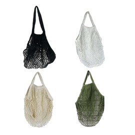 Eowppue 4 Reusable Grocery Mesh Bags - Portable and Washable Cotton String Shopping Bag with Long Handle - Multi-Colored - Retro Style - Set of 4 - Ideal for Fruit and Vegetable Storage