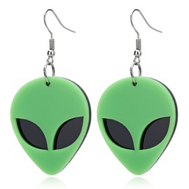 coadipress Green Alien Head Dangle Drop Earrings for Women Cartoon Green Novelty Statement Spaceman Alien Earrings, Acrylic