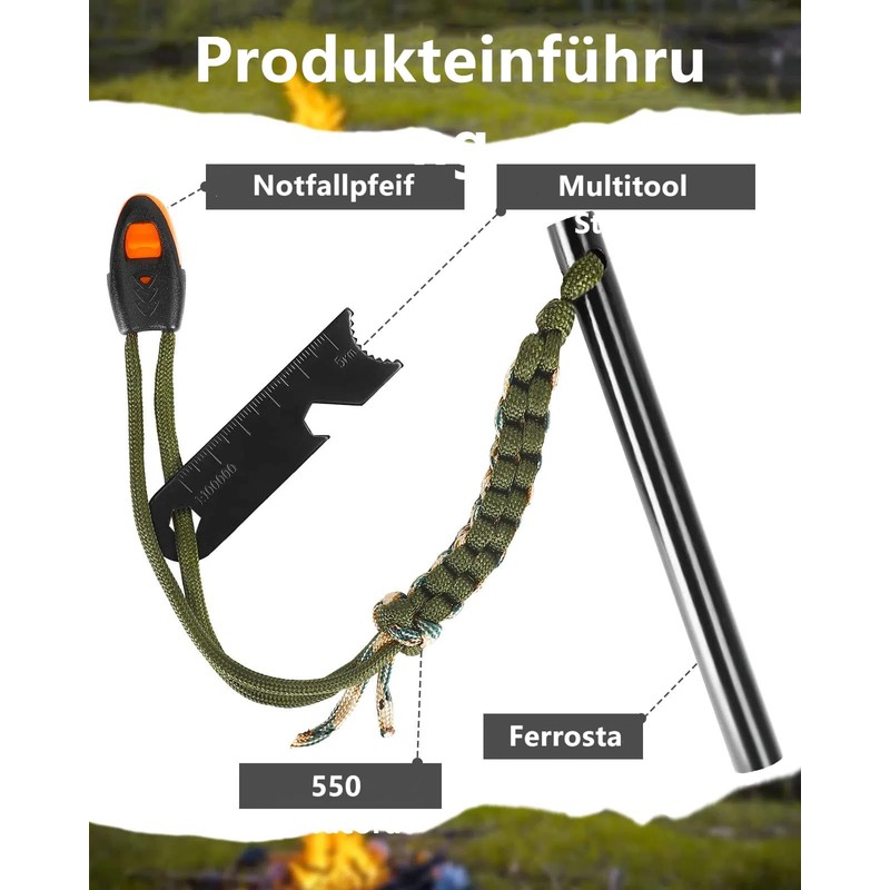 Fire Steel Flint, Survival 4 Piece Fire Starter Set -