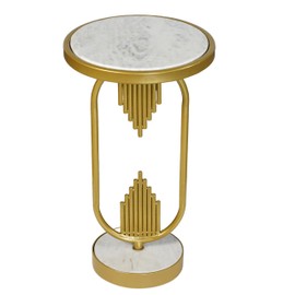 The Urban Port Soho Side End Table with Round Marble Top, Oblong Frame, 21-Inch Height, Gold and White